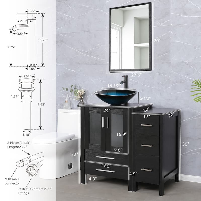 eclife 36" Bathroom Vanity Black Set with Side Cabinet Vessel Sink Faucet Combo