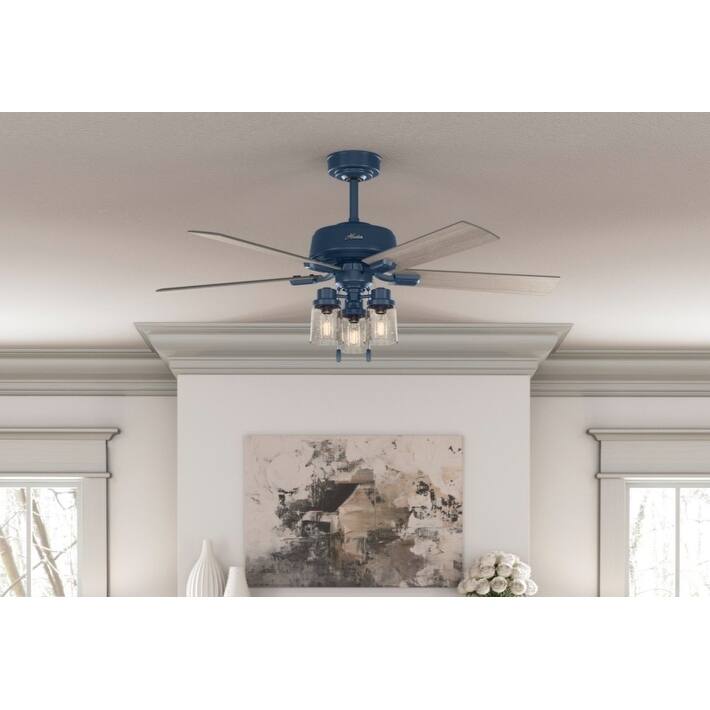 Hunter 52" Hartland Ceiling Fan with 3-Light LED Light and Pull Chains - Farmhouse, Transitional - Indigo Blue
