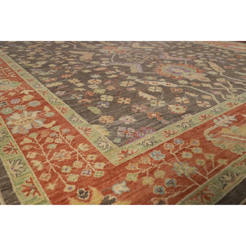 Hand Knotted Oriental 100% Wool Carpet Transitional All-Over Greys & Charcoal Oushak Area Rug - 12' 3'' X 9' 4''