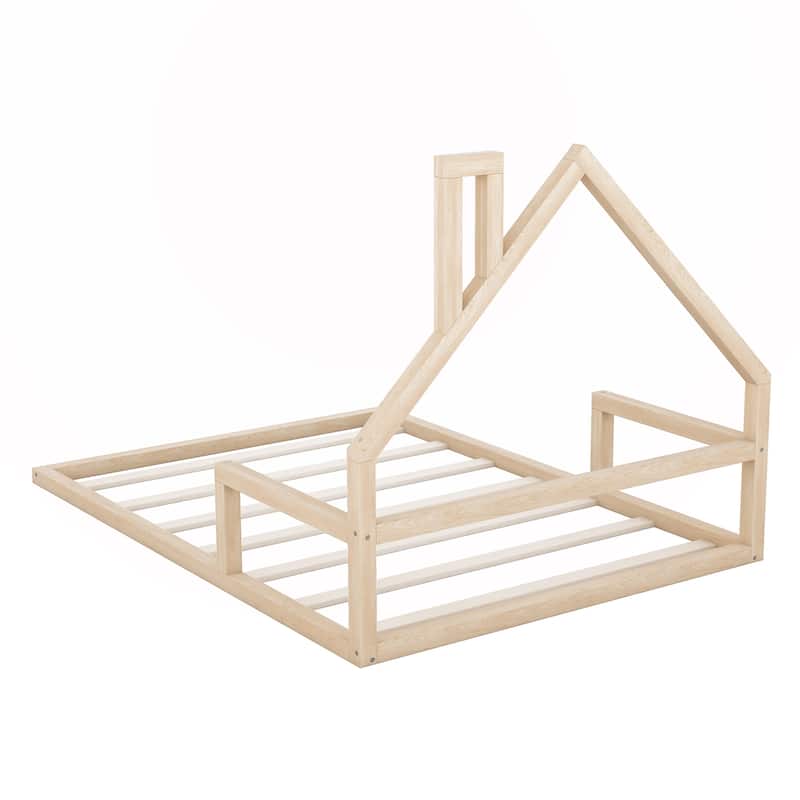 Full Size Wood Floor Bed with House-shaped Headboard