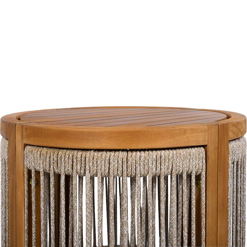 Roomfitters 16.9" Round Acacia Wood Outdoor Side Table, Handwoven Rope Accent Patio End Table, Teak
