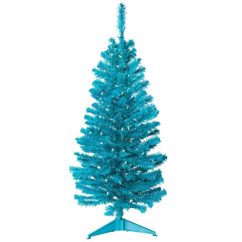 Pre-Lit Medium Artificial Pine Christmas Tree - 4' - Turquoise - Clear Lights - 4 Foot