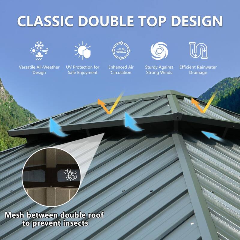 12' X 16' Outdoor Metal Hardtop Gazebo with Double Roof, Aluminum Frame, Curtains, and Netting for Patio, Deck, Garden, Grey