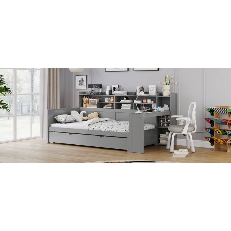 Wooden Twin Size Daybed with Storage Shelves, Multi-functional Bed with Twin Size Trundle Bed and Study Desk, Gray