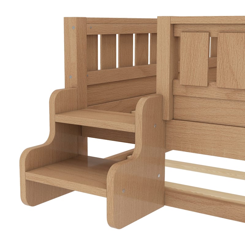 Full/Twin Size Wood Bed with Built-in Bookshelves and Storage Staircase, Safety Rails and Trundle Bed