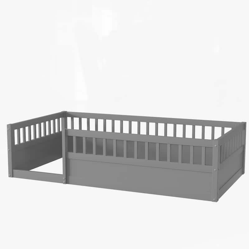 Kids Floor Bed Frame Toddler Montessori Low-Profile Floor Bed with Solid Wood Baffle Fence, No Slats No Door for Children's Room