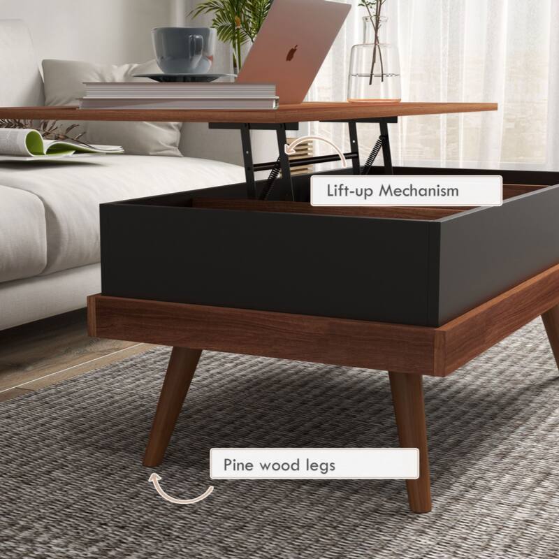 Lift Top Coffee Table, 39.25" Coffee Table with Hidden Compartments and Wood Legs, Walnut