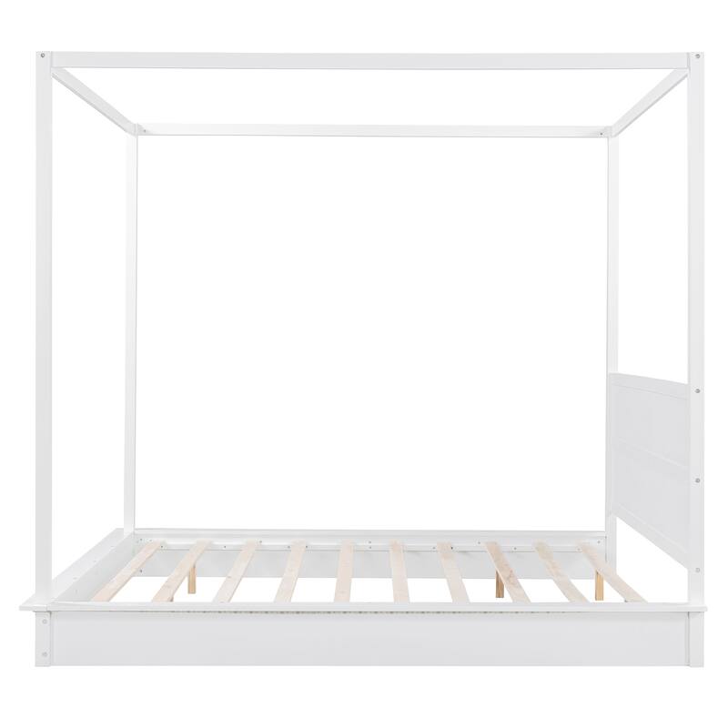 Wooden Canopy Bed Platform Bed Frame Mattress Foundation with LED Light Strips, Slat Support, No Box Spring Needed, White