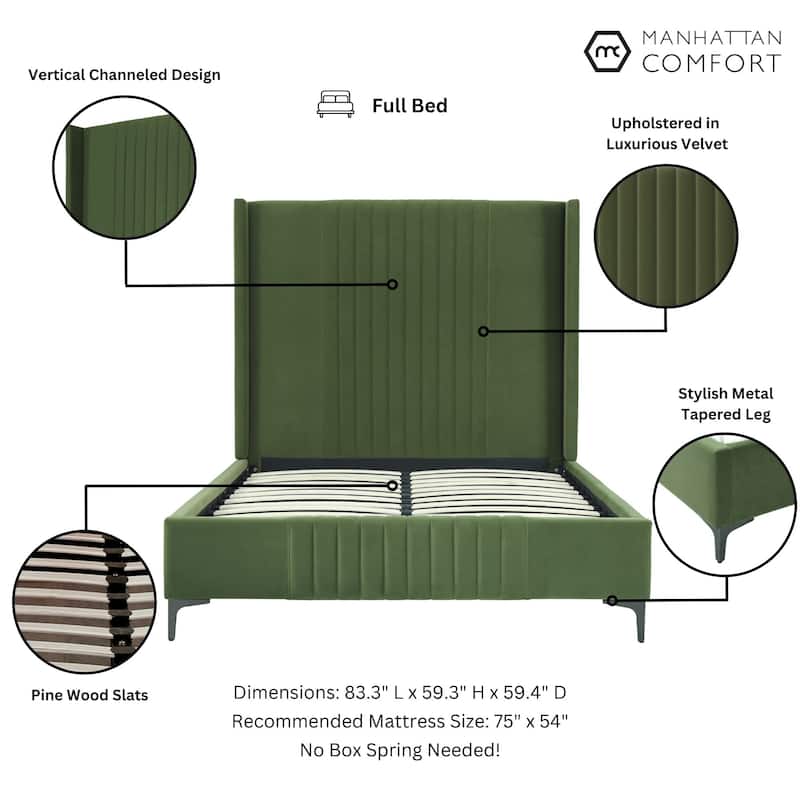 Manhattan Comfort Promenade Mid-Century Modern Velvet Upholstered Bed