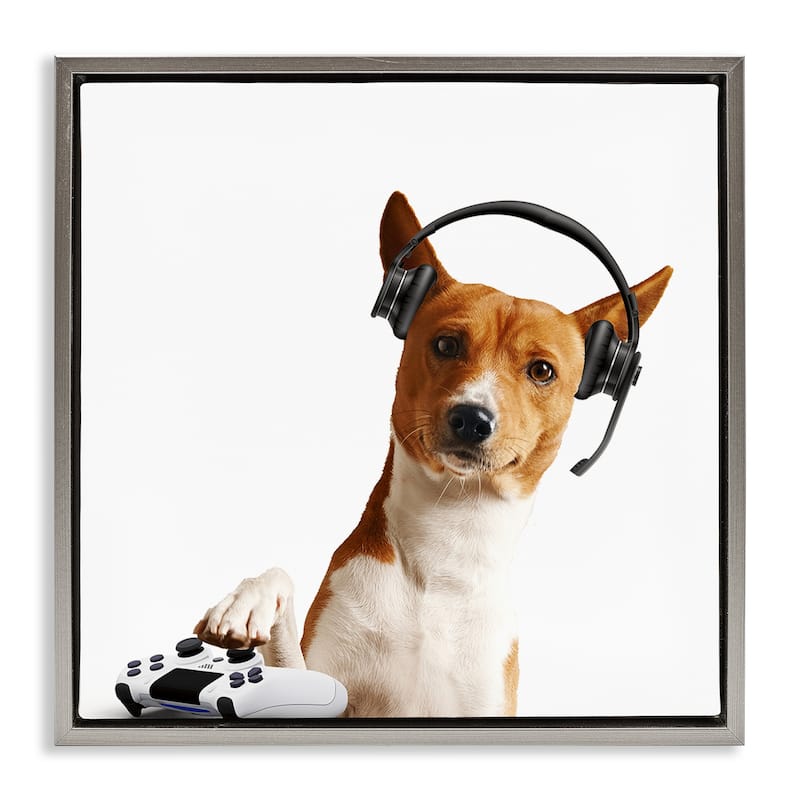 Stupell Gaming Dog with Headset Framed Floater Canvas Wall Art Design By CAD Designs - 18 x 18 - Grey