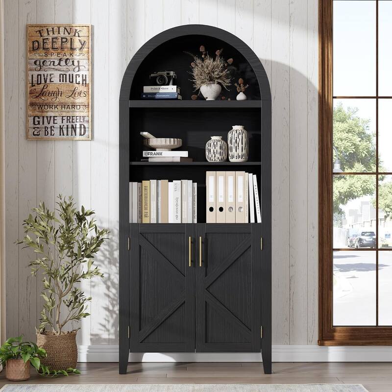Arched Bookcase, Kitchen Pantry Storage Cabinet with Open Display Shelf