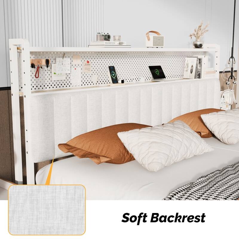 Adjustable Upholstered Headboard with 2 Tier Shelves with Charging Stations and LED Lights, Modern Bed Headboard with Storage