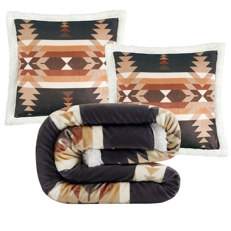 Indigo Hill by HiEnd Accents Campfire Sherpa Fleece Throw, 1PC or 3PC - 3-Piece - Yosemite