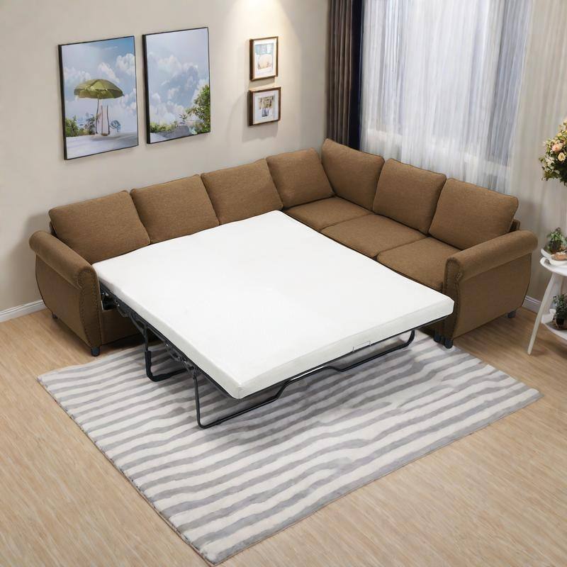 104" Polyester L-Shaped 6-Seater Sleeper Sofa with Pull-Out Queen Bed and 7 Removable Cushions - Brown