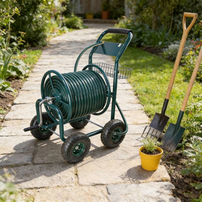 Anmytek Heavy Duty Four Wheel Garden Hose Reel Cart with Large Capacity Steel Reel, Powder Coated Rust Resistant Frame