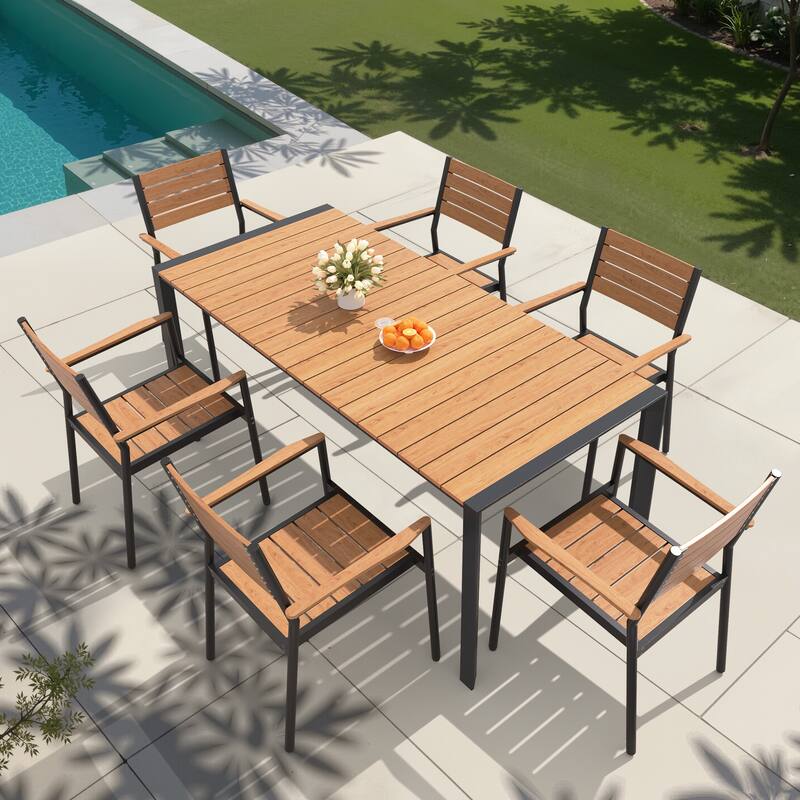 7/9/11-Piece Set Outdoor Aluminum Dining Table with Umbrella Hole and Stackable Dining Chairs - Brown - Set of 7