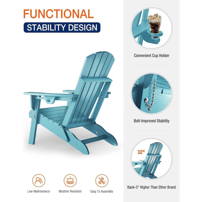 WINSOON All Weather HDPE Outdoor Folding Adirondack Chair With Cup Holder