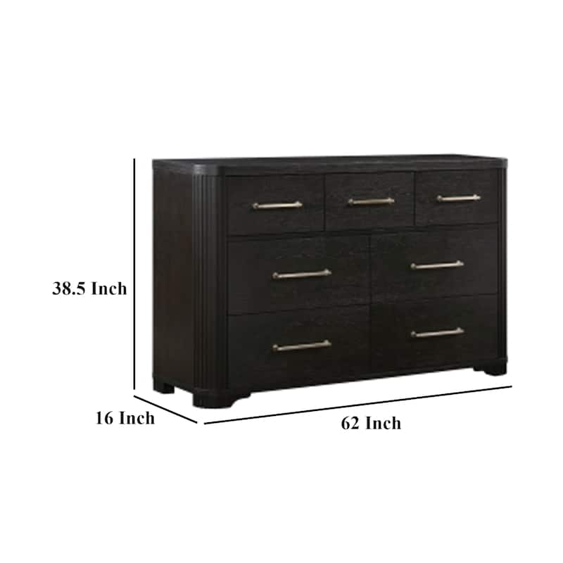 Chas 62 Inch Dresser, 7 Drawers Brass Bar Handles, Charcoal Black Wood
