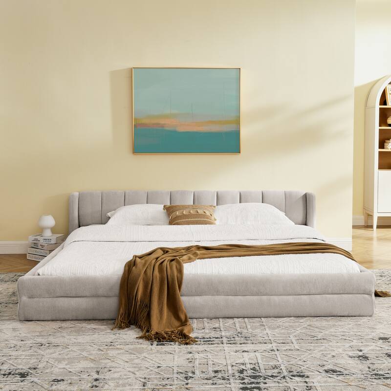 Chenille Fabric Upholstered Low Profile Platform Bed, Thick Fabric Frame Grounded Bed, Low Wingback Floor Bed