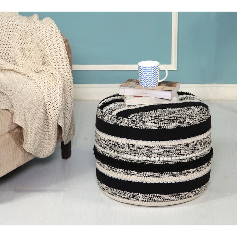 18" Black and White Geometric Striped Hand Loomed Round Pouf Ottoman