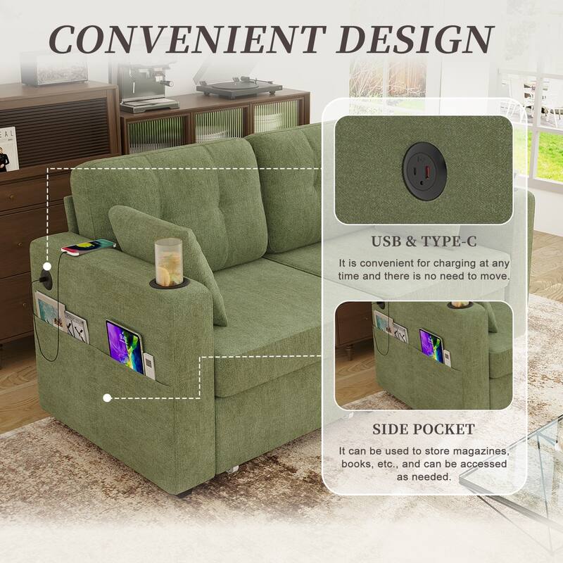 67.76" Chenille 3-Seater Sofa with USB Ports and Storage