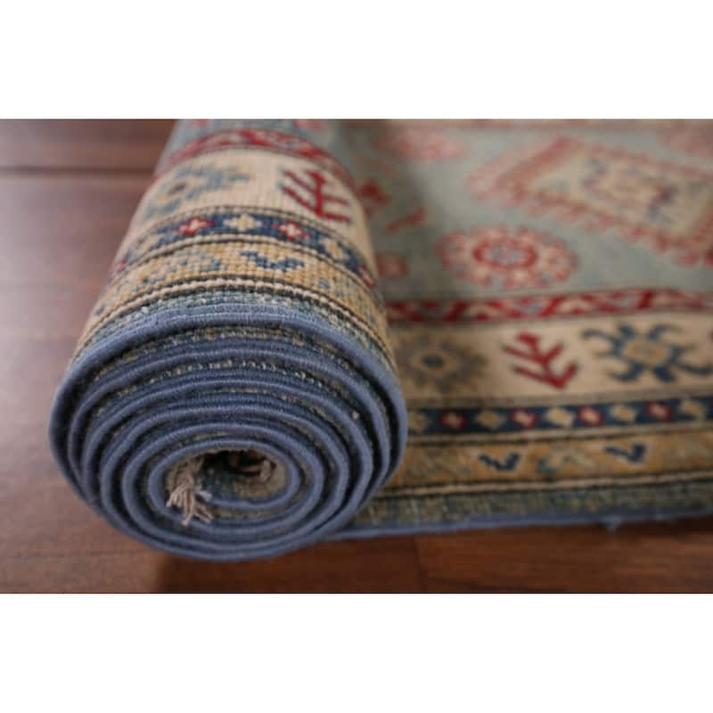 Geometric Kazak Oriental Runner Rug Hand-Knotted Blue Wool Carpet - 2'3" x 13'2"