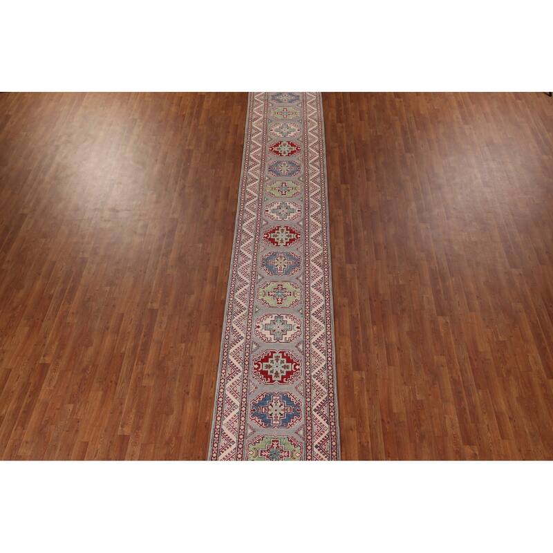 Grey Geometric Kazak Oriental Runner Rug Handmade Wool Carpet - 2'8" x 20'0"