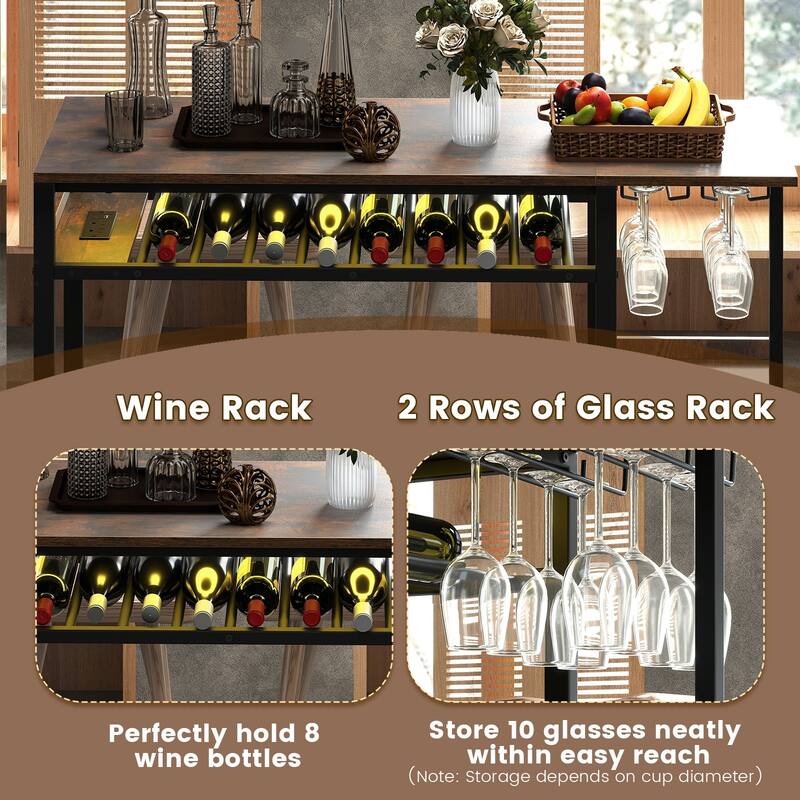 Gymax Rectangular Bar Table w/ Charging Station LED Light Wine Rack 2