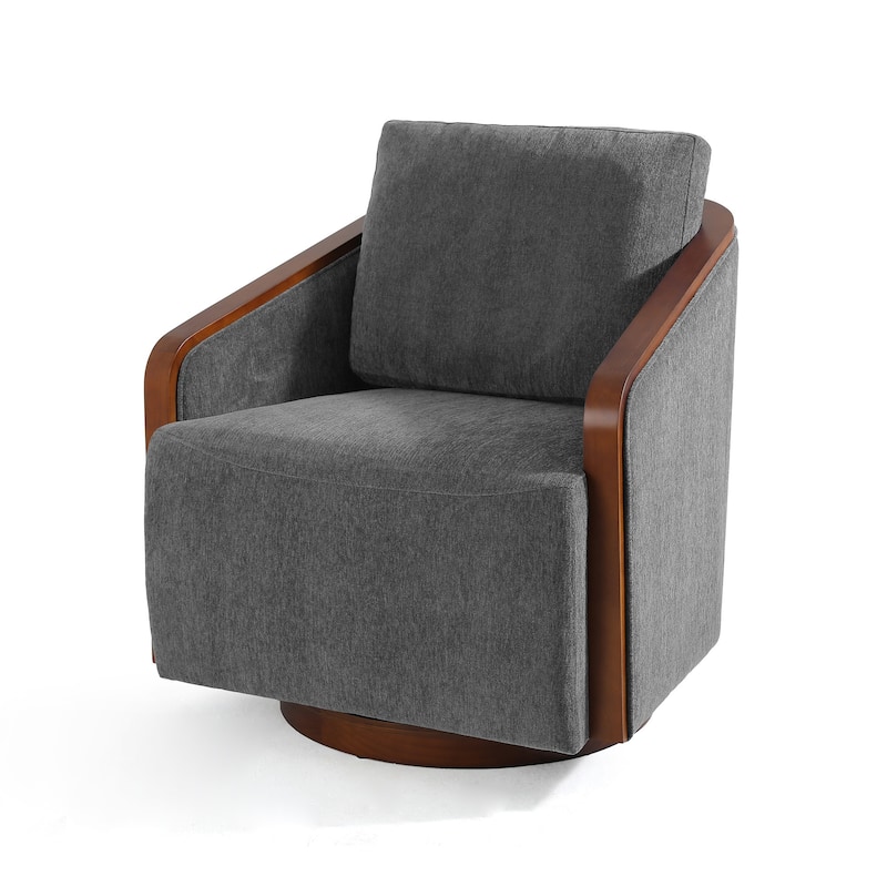 Upholstered Swivel Barrel Chair with Curved Wood Arms