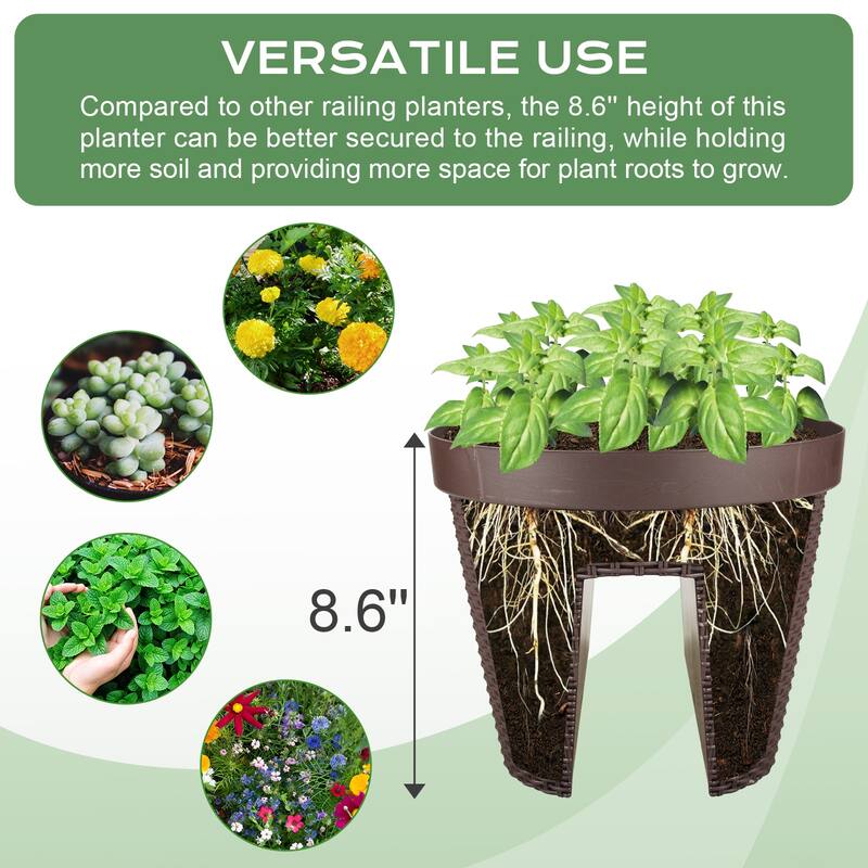 Aoodor 20'' Outdoor Balcony Railing PP Plastic Flower Pots - 4-Piece Set with Two Drainage Holes and Adjustable Brackets