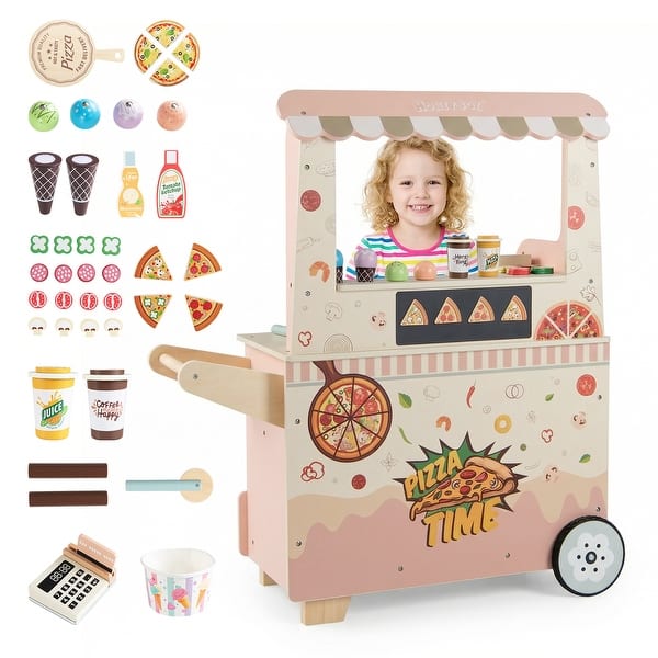 slide 2 of 10, Gymax 2 in 1 Pretend Play Food Truck Kids Ice Cream & Pizza Cart w/ Pink