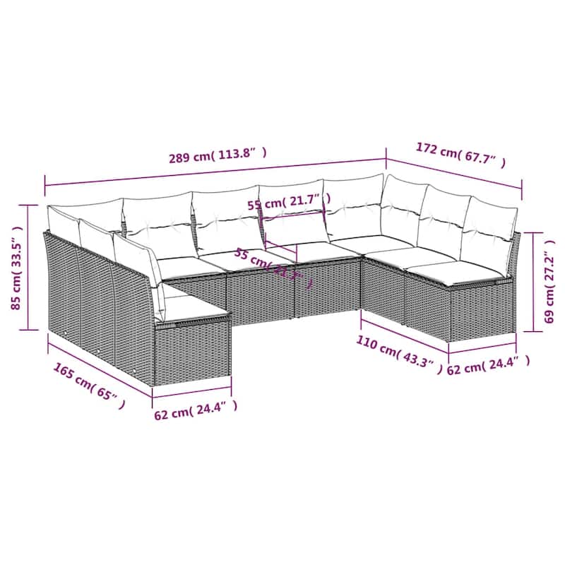 vidaXL Garden Sofa Set Black PE rattan Large Adjustable Feet - 24.4 x 24.4 x 27.2