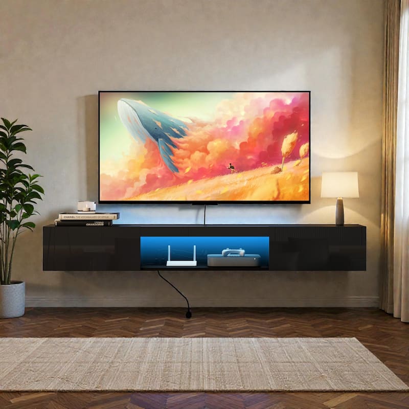 63" Floating TV Stand with 16-Color LED Lights, Wall Mounted Entertainment Center for 55-65 Inch TVs, Modern TV Cabinet