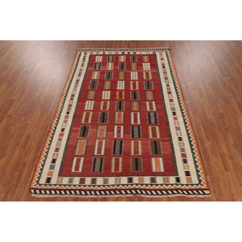 Red Kilim Qashqai Persian Vintage Rug Flatweave Wool Carpet - 5'3"x 8'2"