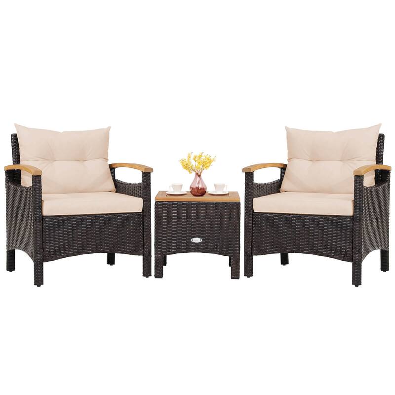 Gymax Set of 3 Rattan Furniture Set Wooden Armrest Table Top Cushioned - Beige