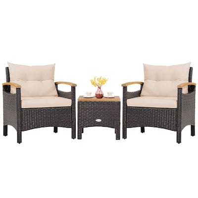 Gymax Set of 3 Rattan Furniture Set Wooden Armrest Table Top Cushioned