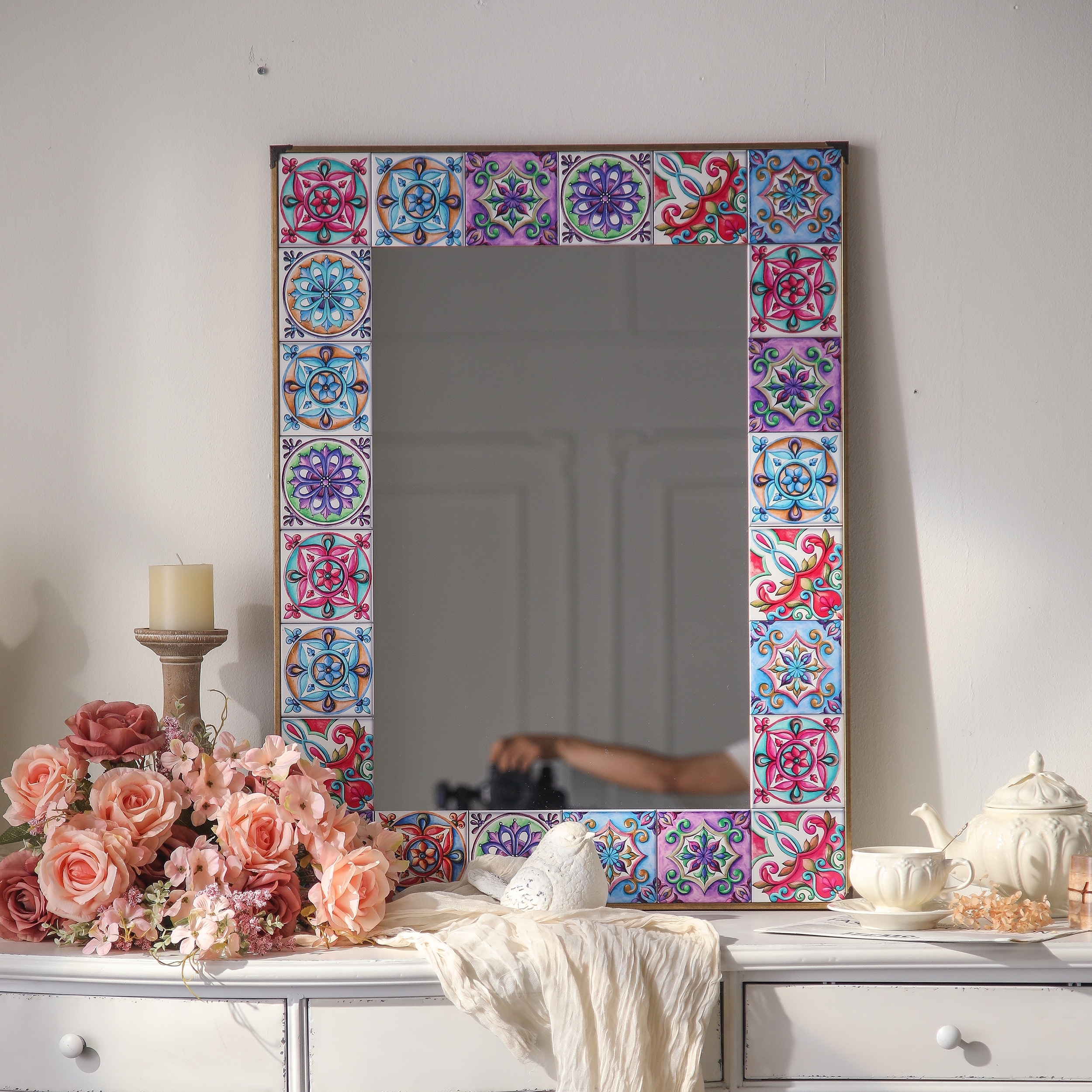 Colorful Ornate Rectangular Wall Mirror - Hand - Painted Artistic Home Decor for American Homes