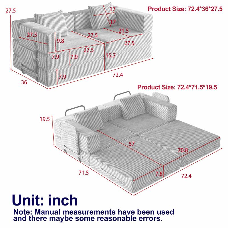 72.4 Inch Convertible Sofa Bed with Storage Pockets and Cushions, Space-Saving Design for Living Room, Bedroom, and Study