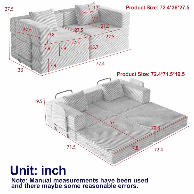 Folding Loveseat Sofa Convertible Sleeper Sofa Bed, Floor Standing Couch Bed Corduroy Floor Mats with Side Pockets and Pillows