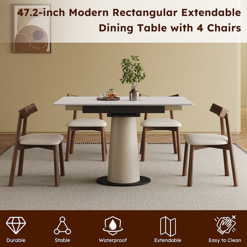 Retractable Rock Slab Dining Table Set, Modern 5-Piece Expandable Table with 4 Wooden Leg Chairs & Leather-Wrapped Base