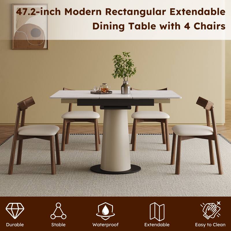 Roomfitters Retractable Rock Slab Dining Table Set, Modern Expandable Square Table with 6 Chairs, White