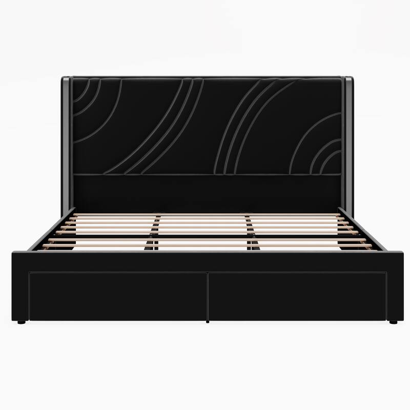 Velvet Upholstered Platform Bed with Smart Ambient Strip Lights Wingback Headboard, and Endbed Pull-out Storage Drawers