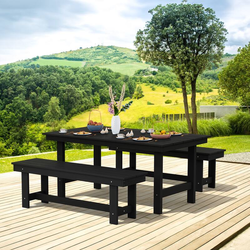 3-Piece HDPE Outdoor Dining Set with Umbrella Hole Table and Two 2-Person Benches