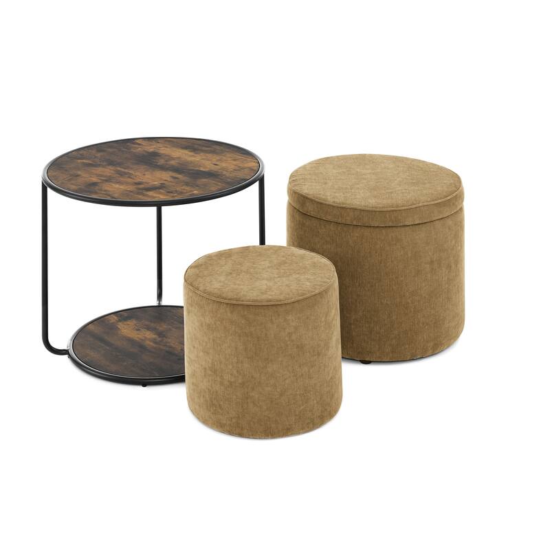 Roomfitters Ottoman Table Set with Drum Stool and Hidden Storage, Multi-Functional Combination Accent Furniture