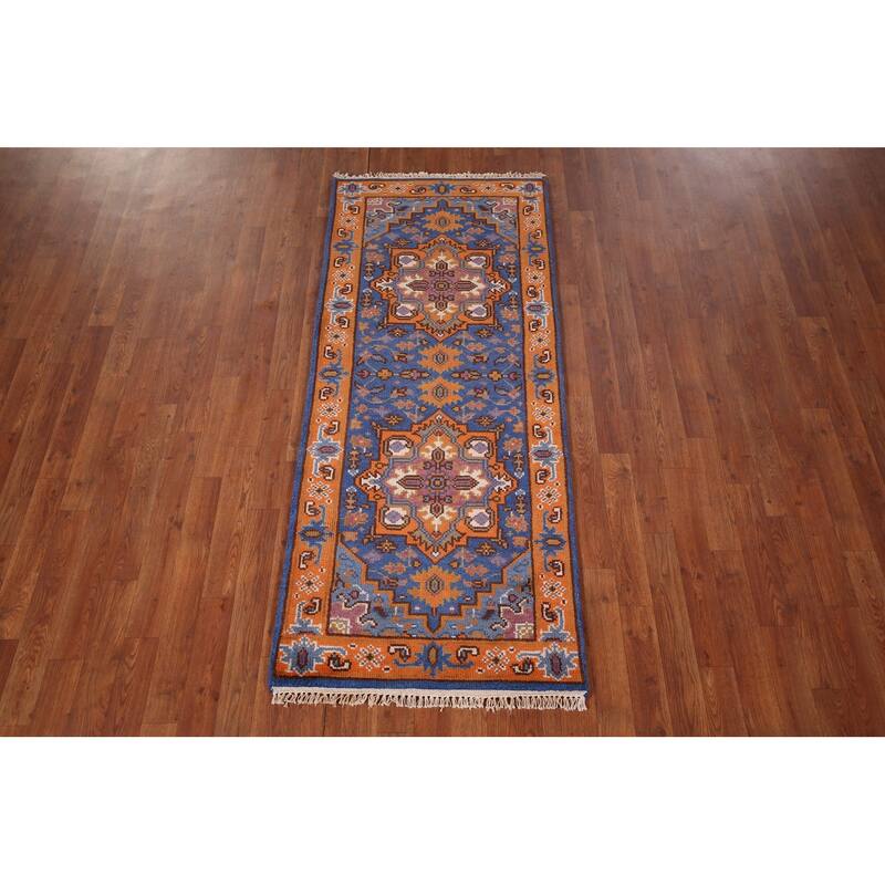 Blue & Orange Geometric Kazak Foyer Rug Hand-Knotted Wool Carpet - 2'6"x 6'0"