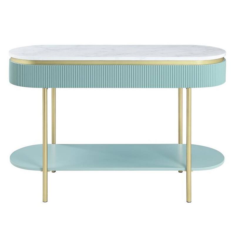 Ville 48 Inch Sofa Console Table, White Faux Marble Top, Teal Reeded Edge