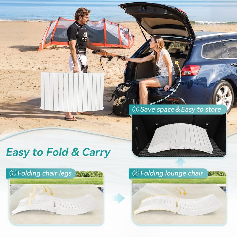2-Piece Folding HDPS Plastic Outdoor Pool Chaise Lounges with Headrest Cushion