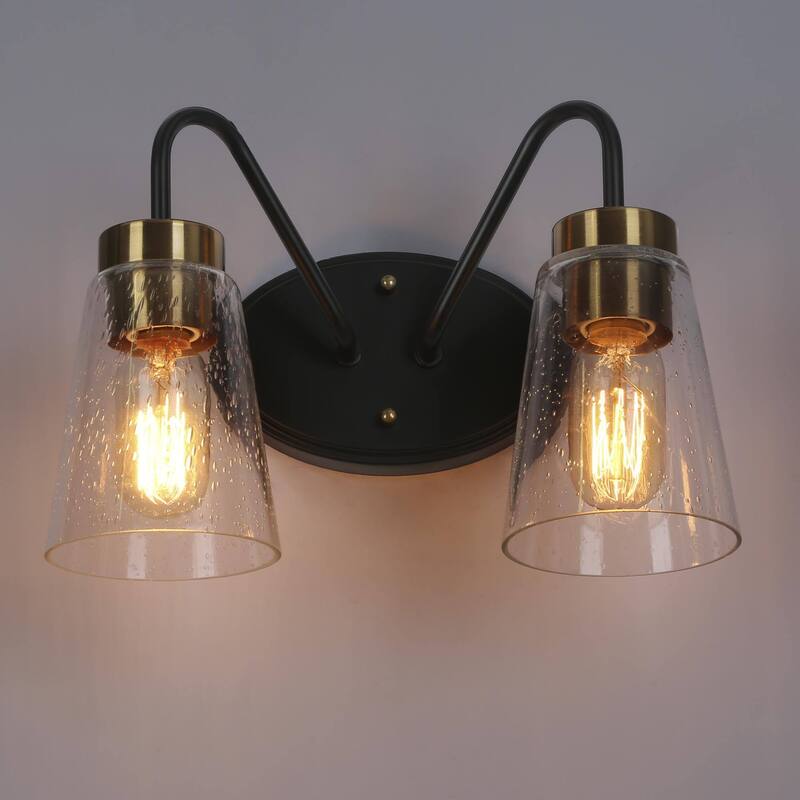 Modern Black Gold Bathroom Vanity Light Wall Sconces with Seeded Glass