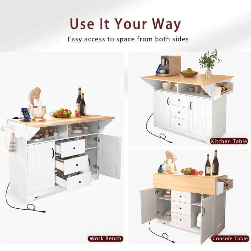 55.7" Rolling Kitchen Island with Double Drop Leaf, Power Outlet, 3 Drawers, Spice & Towel Rack, Folding Dining Table Cart
