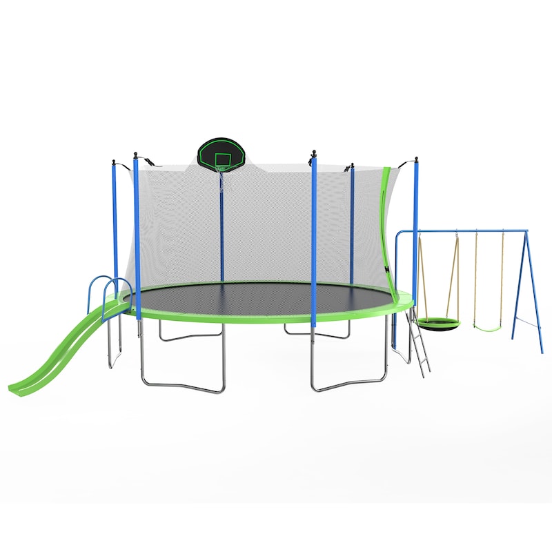 14FT Trampoline with Slide Swings Double Color Cover Basketball Hoop Ladder Net for Kids Adults - Green